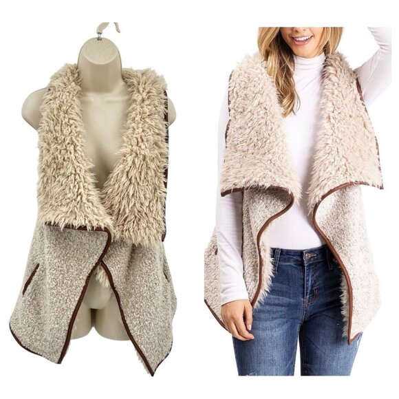 Love Tree Womens Faux Fur Vest Size Small Tan Pockets Open Front - Picture 1 of 13